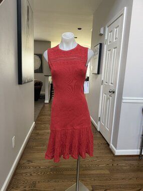 NWT Bailey/44 Evalina Stretch Knit Flounce Dress Red Pimento Size Small